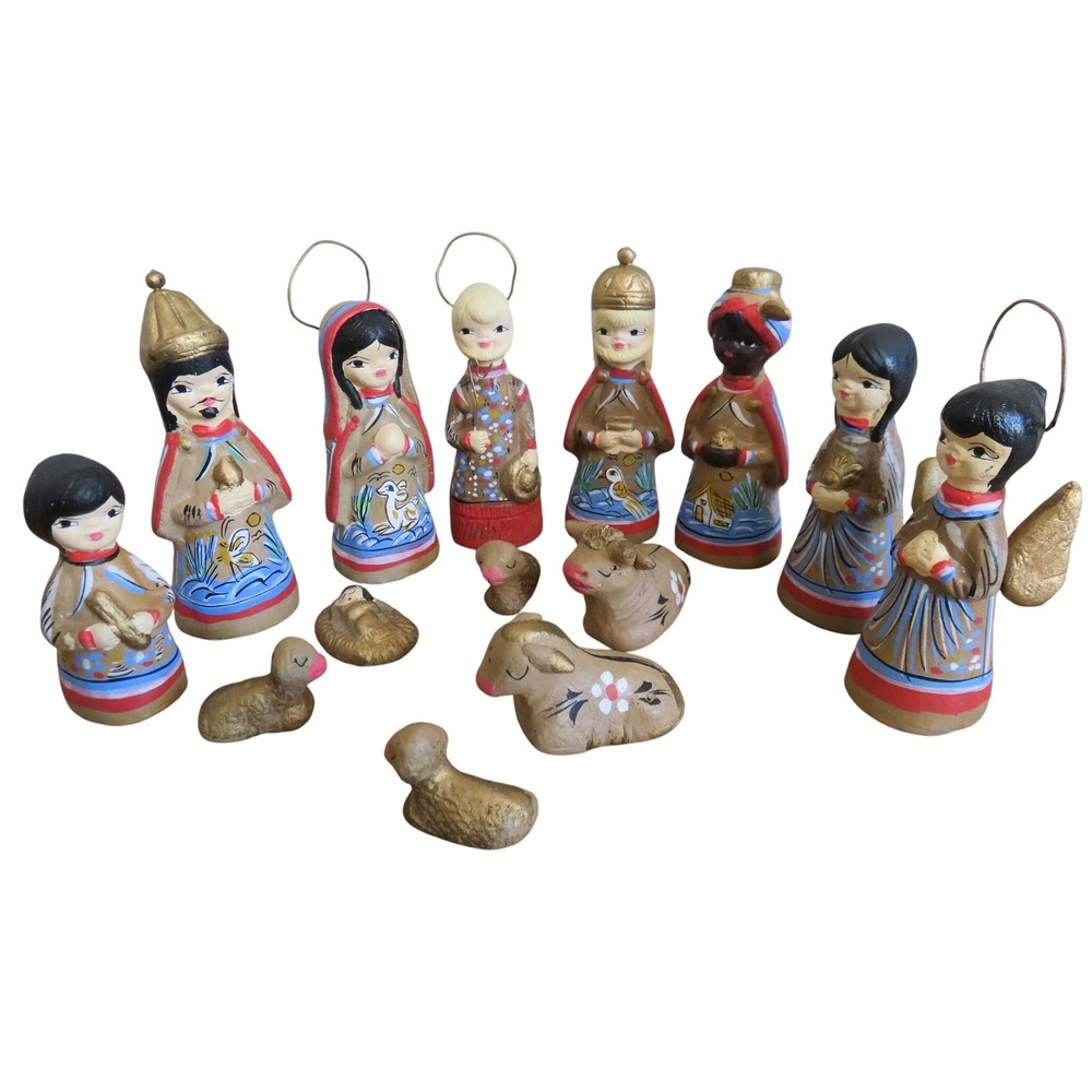 Vintage Hand Painted Clay Nativity Set 14 Piece Mexican Folk‎ Art